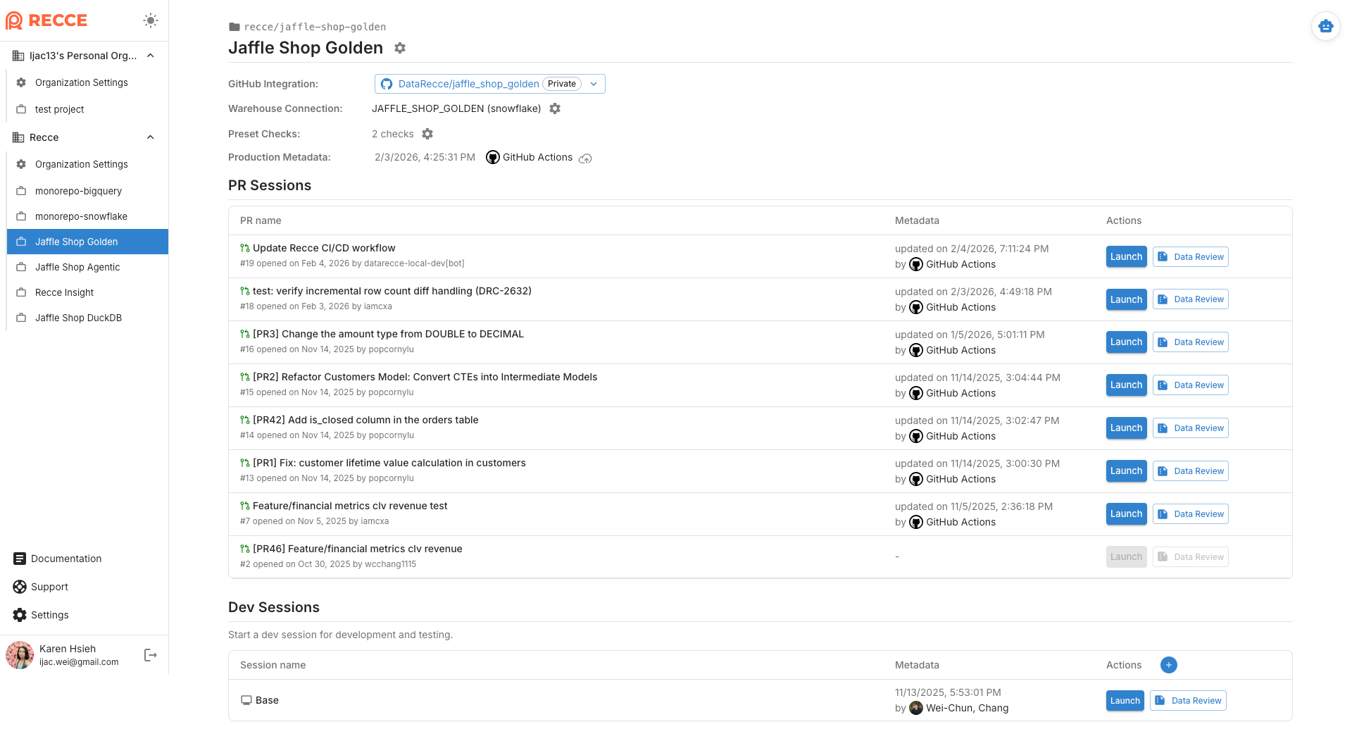 Recce Cloud dashboard showing connected GitHub integration, warehouse connection, and production metadata status