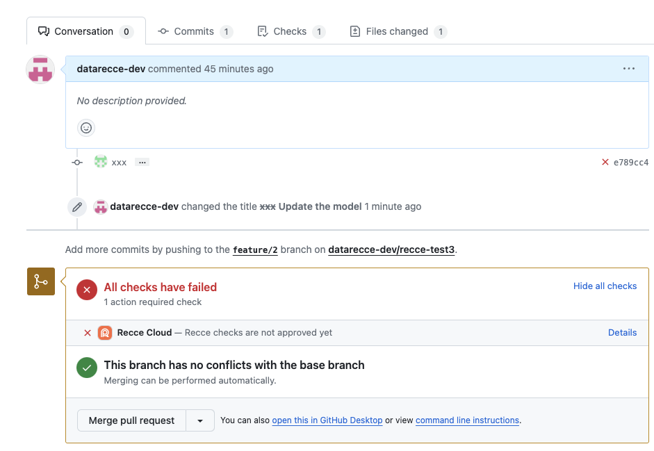 GitHub PR with unapproved Recce Checks