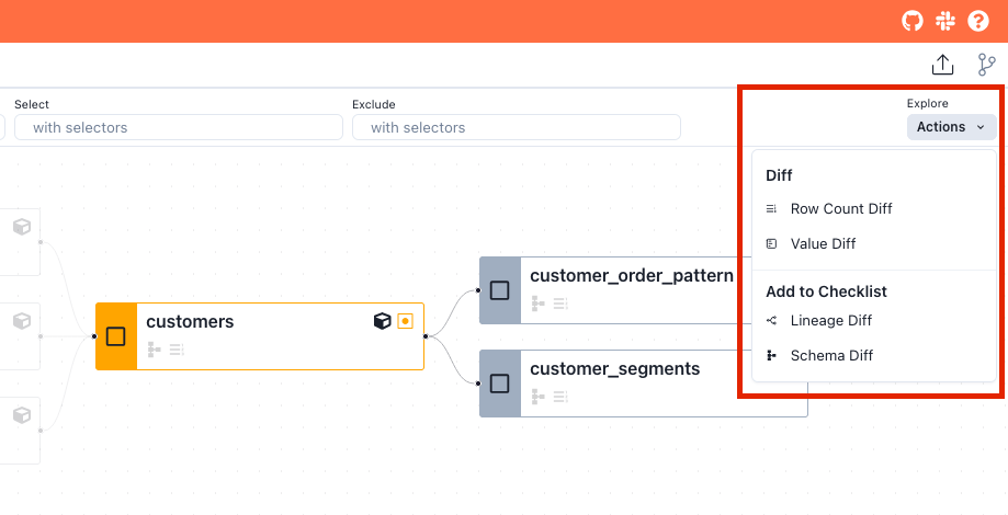 Add a Lineage Diff Check or Schema Check via the Actions dropdown menu